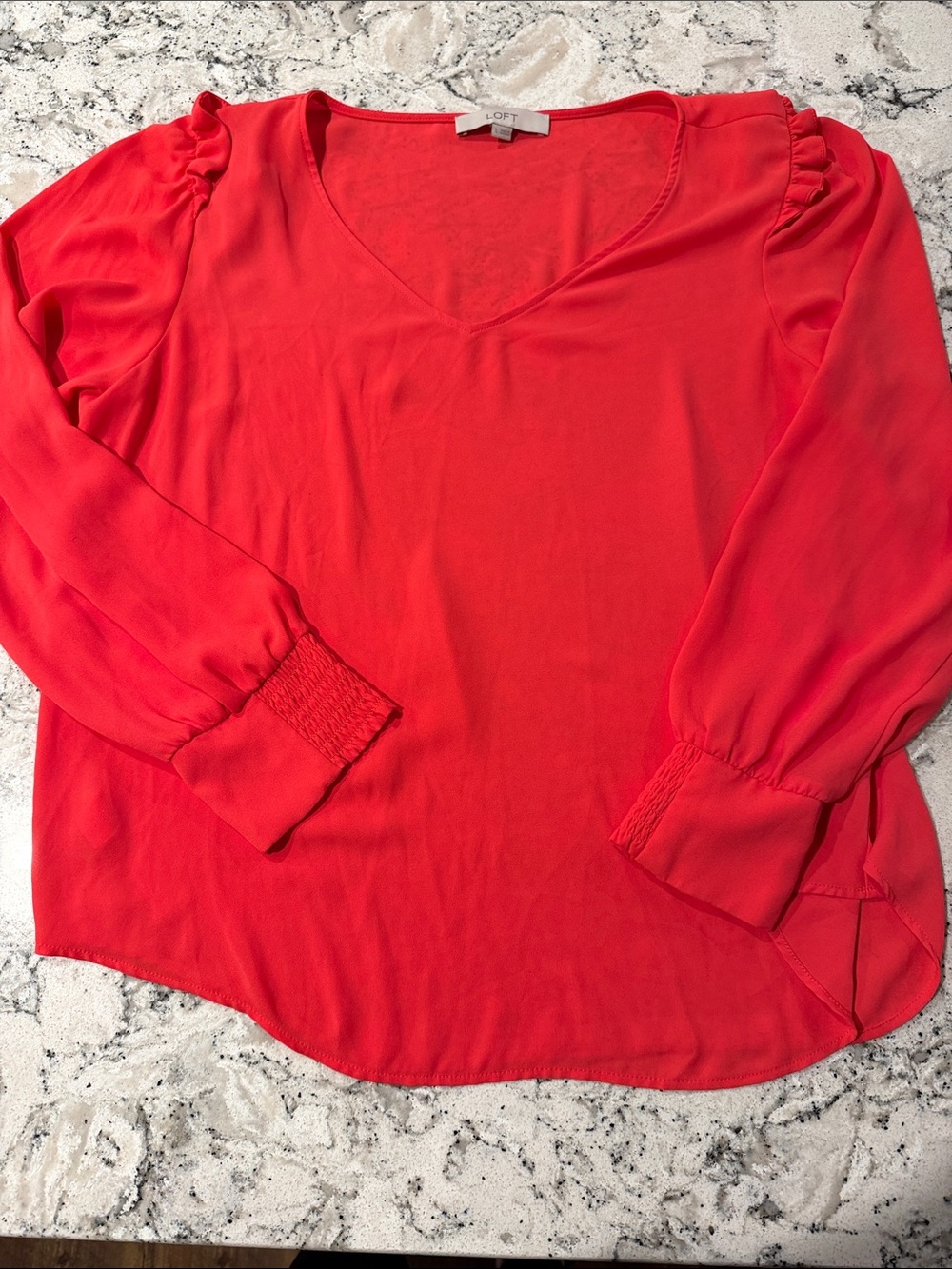 LOFT Coral-Red V-Neck Long Sleeve Blouse with Shirred Cuffs